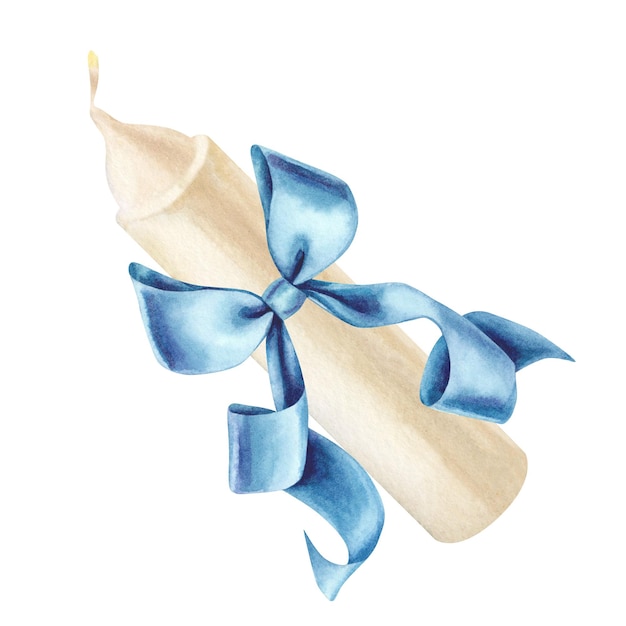 Photo watercolor white candle with blue bow s for christmas candlemas wedding birthday easter