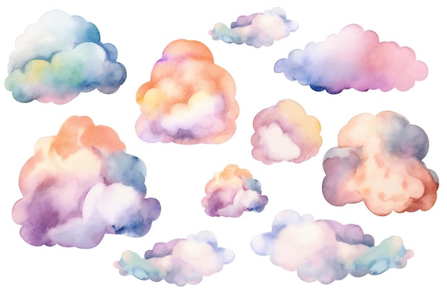 Watercolor white clouds clipart on white background