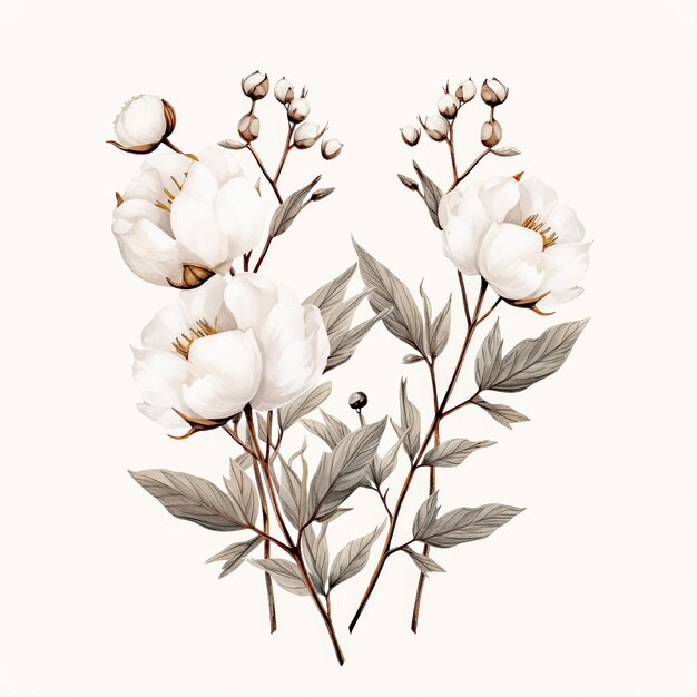 Фото Акварельные белые хлопковые цветы, изолированные для пригласительных билетов