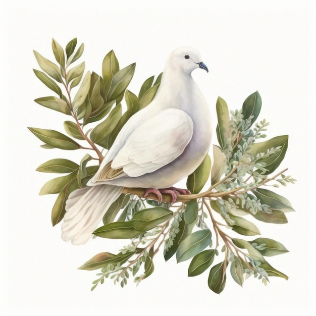 Watercolor white dove and olive branche Illustration AI GenerativexA