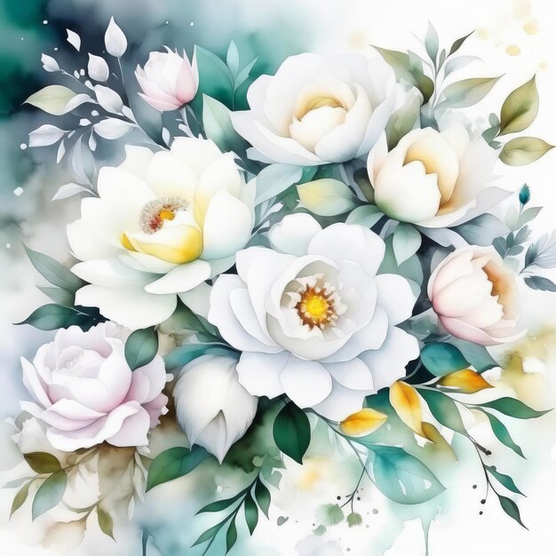 写真 水彩の白い花のイラスト 春の花のパターン