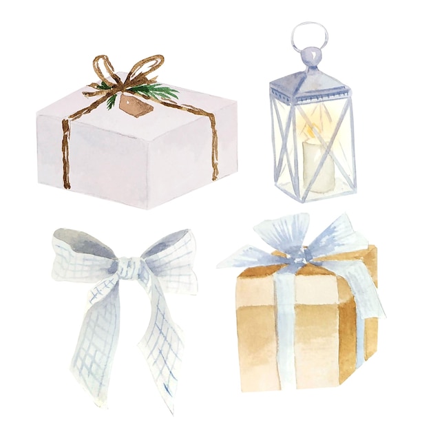 Photo watercolor white gift boxes with ribbon isolated