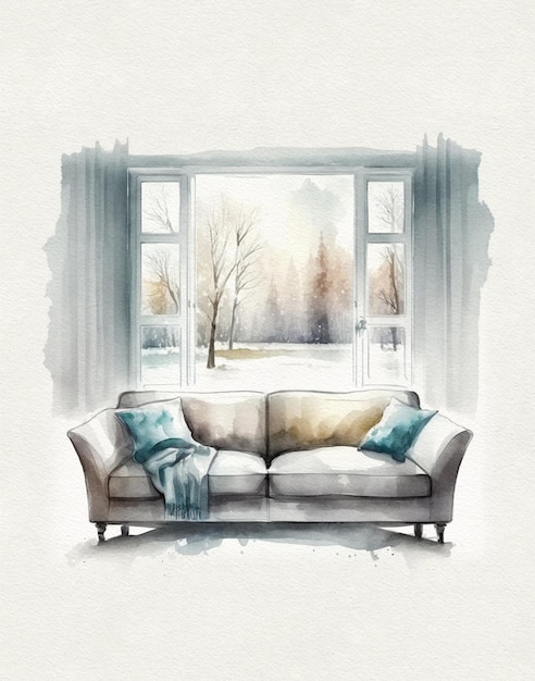 Watercolor White living room interior with sofa and winter landscape in window