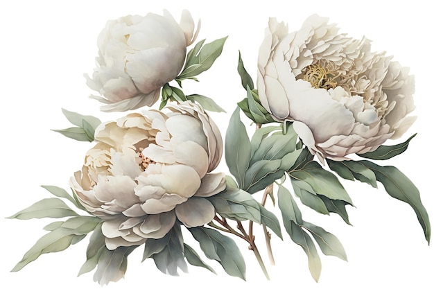Watercolor white peonies illustration on white background