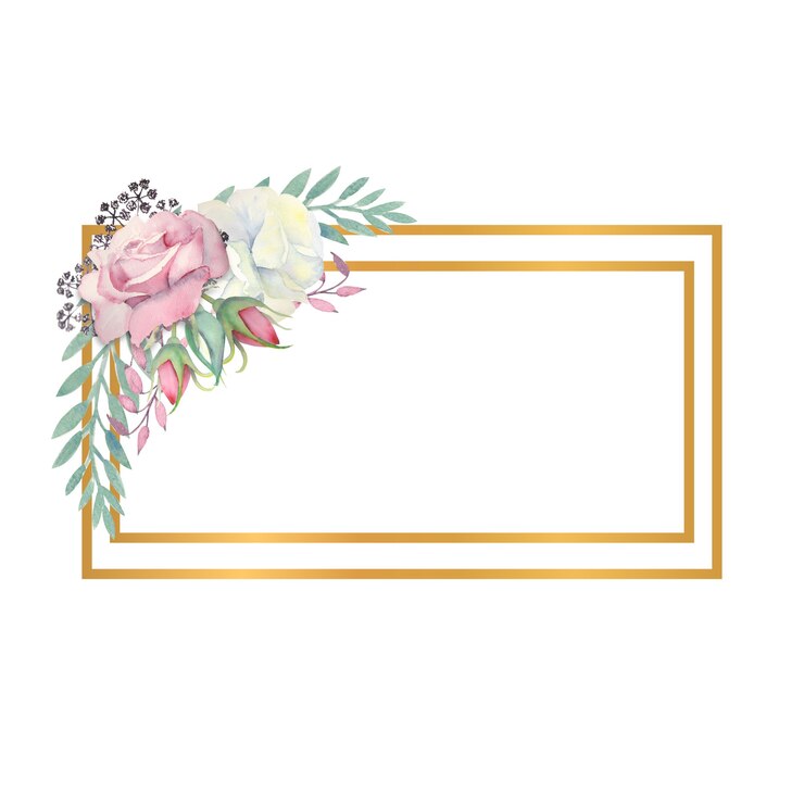 Photo watercolor white and pink roses flowers green leaves berries in a gold rectangular frame