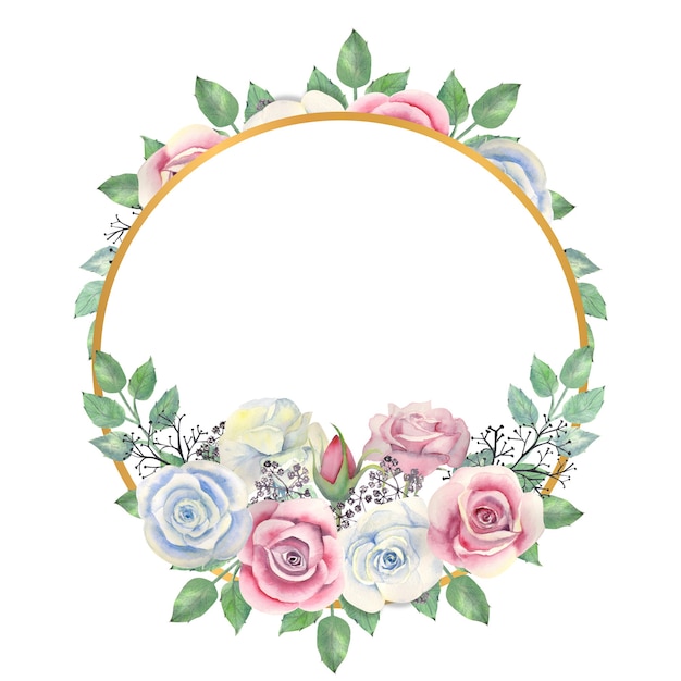 Watercolor white   and pink roses flowers green leaves berries in a gold round frame