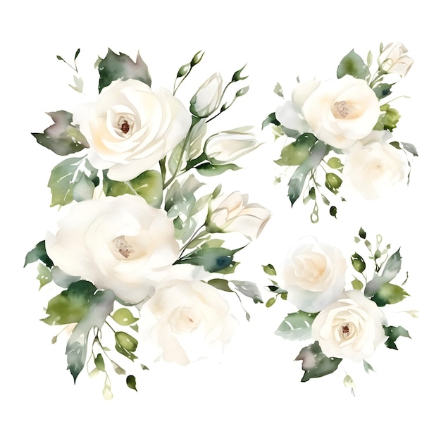 Photo watercolor white roses bouquet hand painted illustration isolated on white background