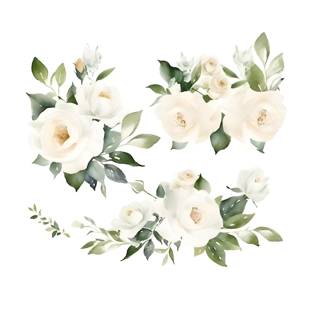 Watercolor white roses eucalyptus and green leaves