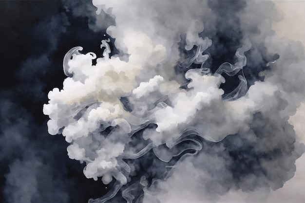 Watercolor white smoke texture with dark black background