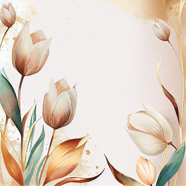 Watercolor white tulip flowers greeting card background with tulips plants Generative AI