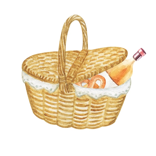 Photo watercolor wicker basket illustration picnic basket