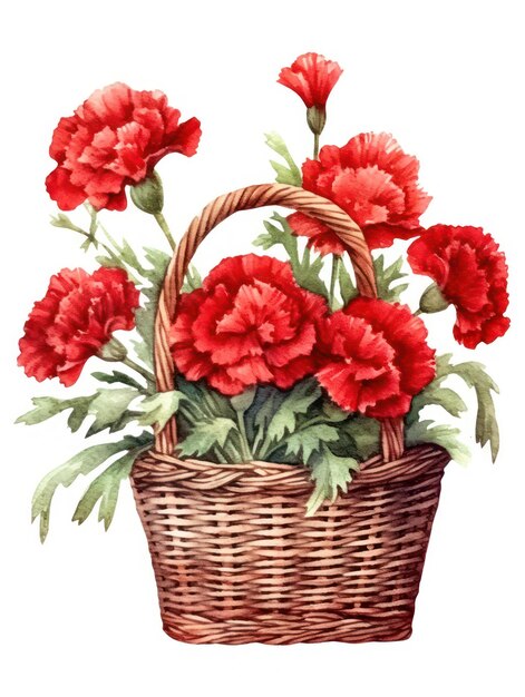 Photo watercolor wicker basket with bouquet of red carnations isolated on white background