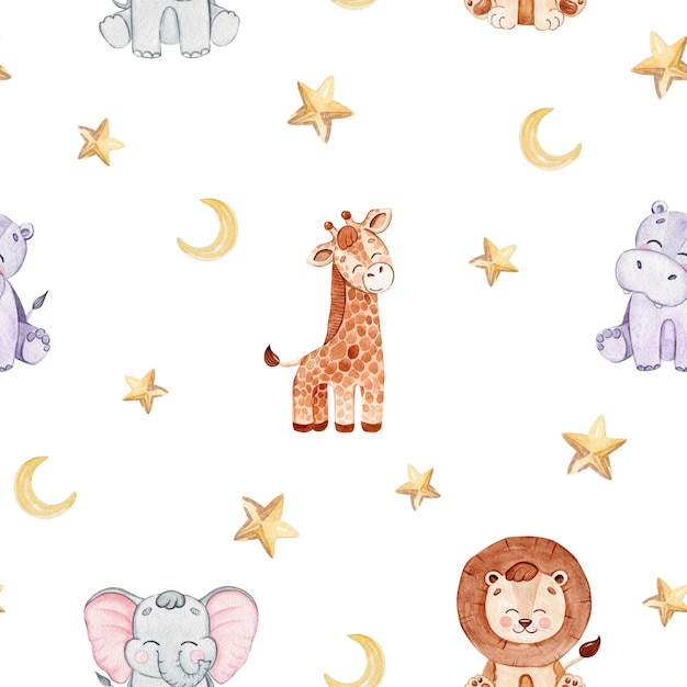 Photo watercolor wild african animals and stars seamless pattern on white