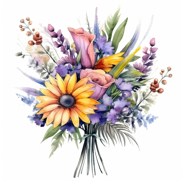 Watercolor wild flower bouquet clipart white background