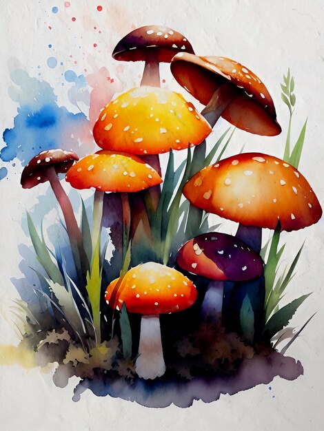 Watercolor wild mushroom illustration acrylic painting