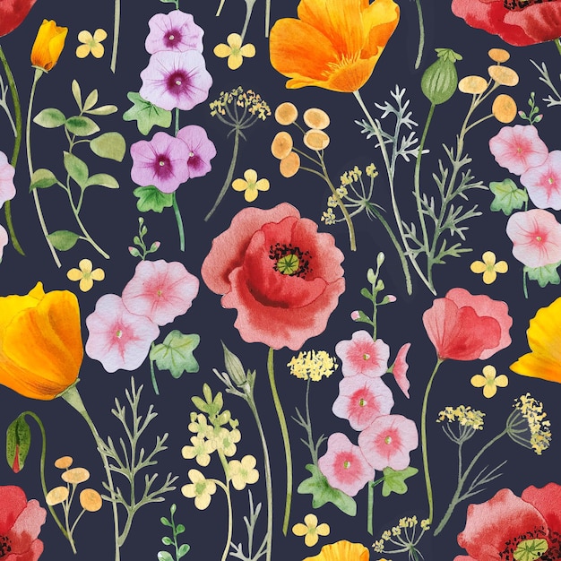 Watercolor wildflowers meadow pattern seamless