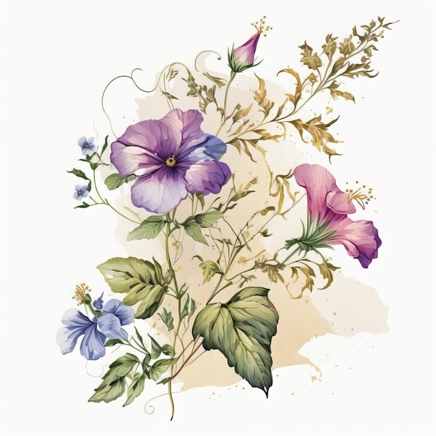 Photo watercolor wildflowers petunia on white background