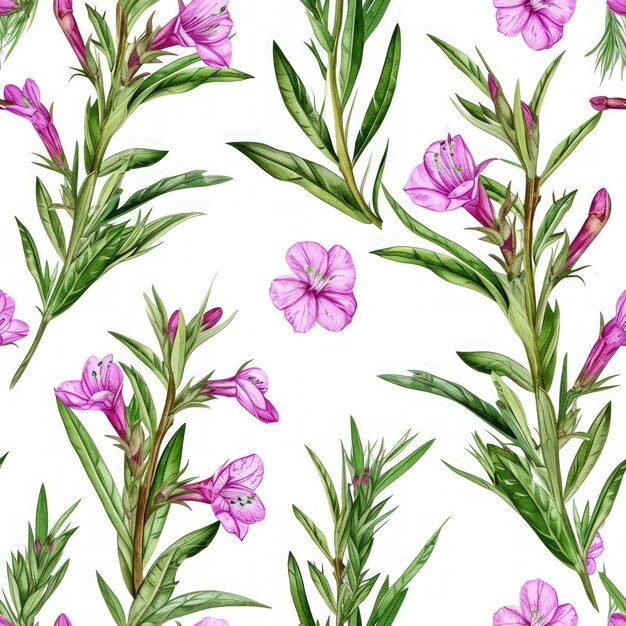 Watercolor willow herb blooming Sally fireweed with leaves seamless pattern