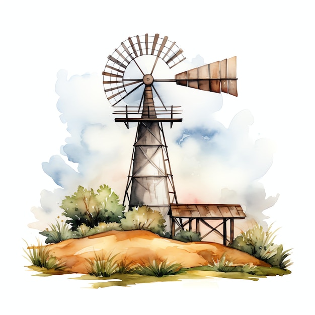 Акварель ветряная мельница западный дикий запад ковбой пустыня иллюстрация клипарт