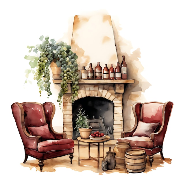 Watercolor of Wine Country Escape a Room With a Wine Country On White Background With Cozy Place