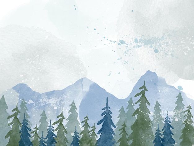 Watercolor winter background with mountain landscape and trees Winter forest landscape