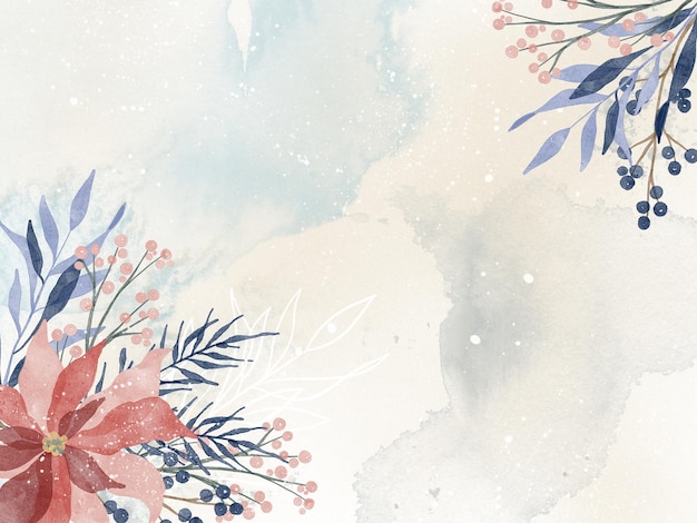 Watercolor winter background with plants branches berries and splashes Christmas premade scene