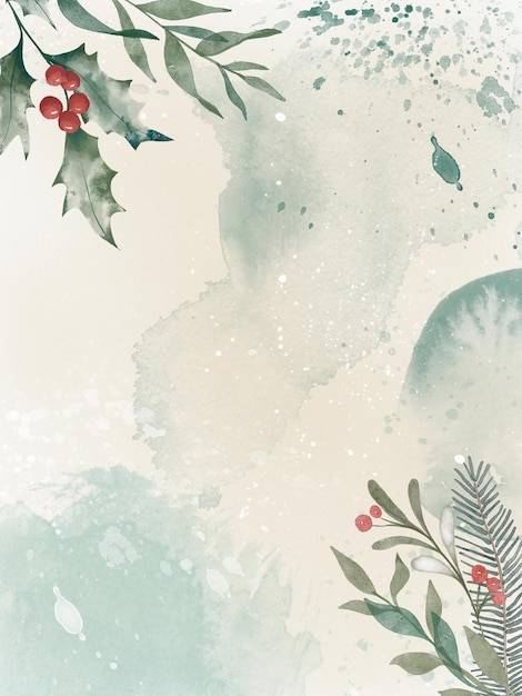 Watercolor winter background with plants branches berries and splashes Christmas premade scene