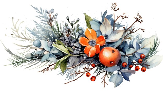 Watercolor Winter Christmas bouquet with foliage flowers and berries Generative ai