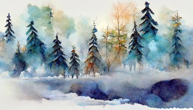 Watercolor winter foggy forest landscape illustration Wild nature in wintertime Christmas card design Generative Ai