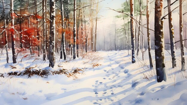 Watercolor Winter Forest Scene