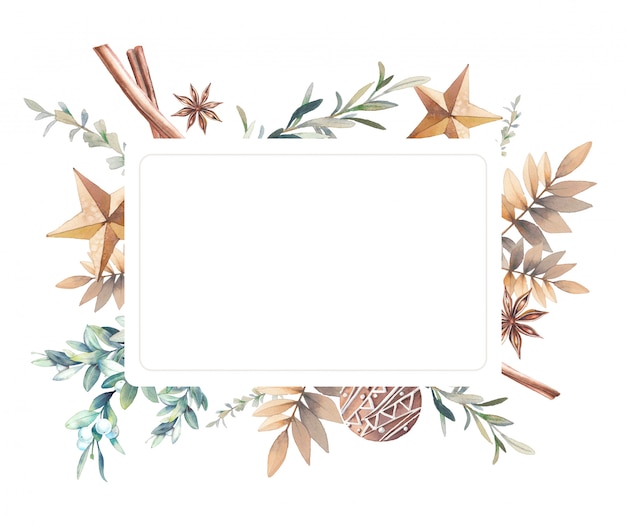 Watercolor winter frame. Hand drawn botanical and decorative elements combination. Branches with berries, spruce, holly, stars, spices in vintage style