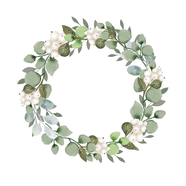 Photo watercolor winter greenery wedding template floral wreath with pastel green and grey leaves