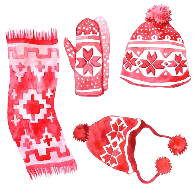 Foto set di cappelli invernali dell'acquerello, isolato su priorità bassa bianca.