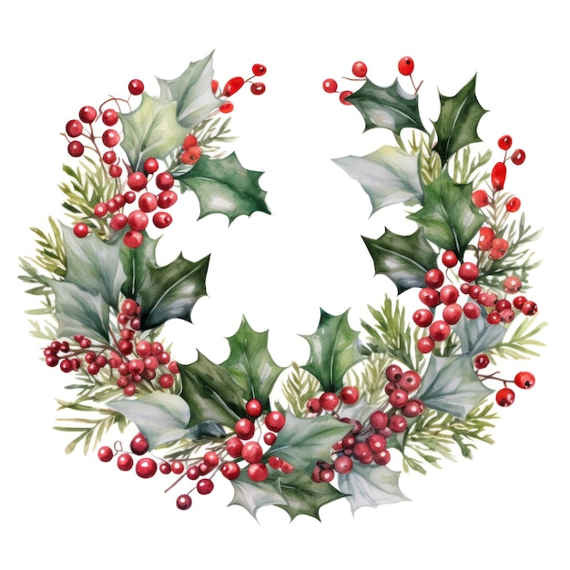 Watercolor winter holiday wreath frame border of evergreen leaves fir branches with holy berries