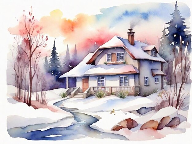 Watercolor Winter House Background