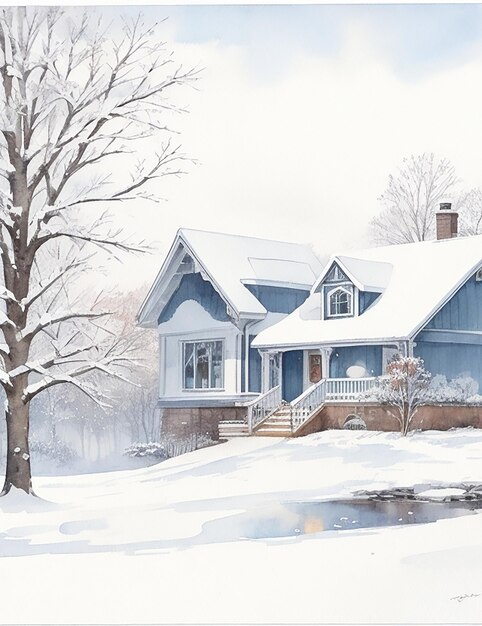 Watercolor Winter House Background