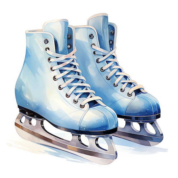 Photo watercolor of winter ice skating theme on glossy ice paper ice skates and clipart pastel cute art