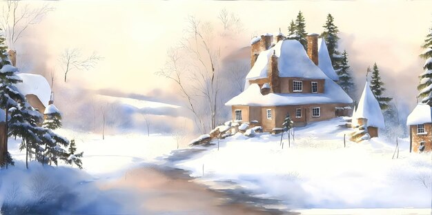 Watercolor winter landscape Beach house rural landscape