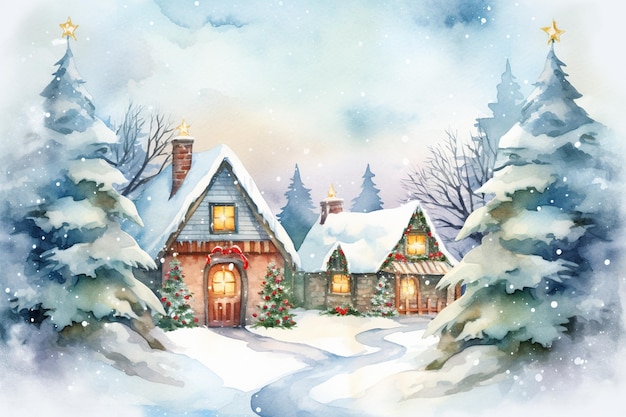 Watercolor winter landscape Illustration Christmas village houses with snow spruce forest