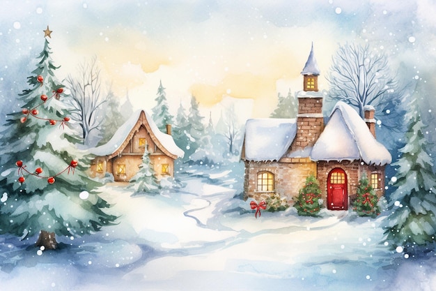 水彩の冬の風景イラスト 雪のトウヒの森のあるクリスマス村の家
