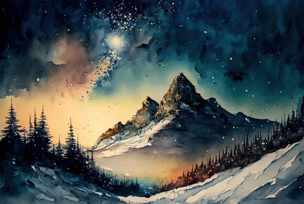 Watercolor winter landscape painting Forest and mountains on a starry night