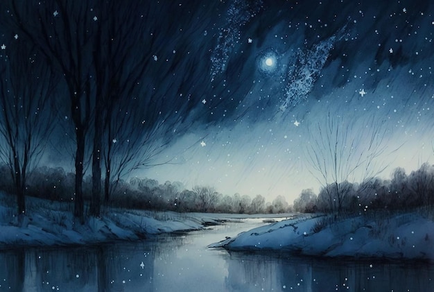 Watercolor winter landscape painting Forest on a starry night