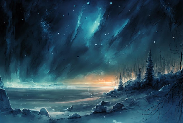 Watercolor winter landscape painting Forest on a starry night