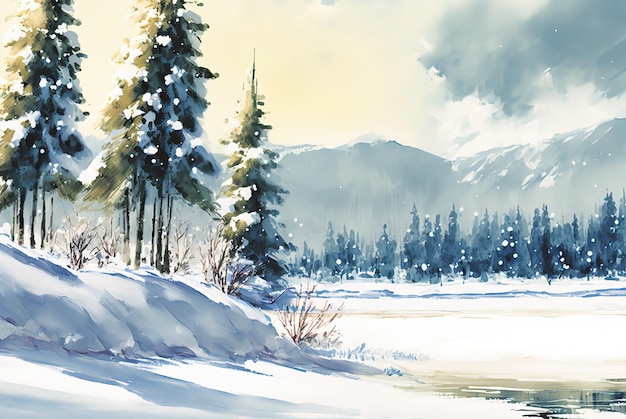 Watercolor winter landscape painting Sunny day trees lake and mountains