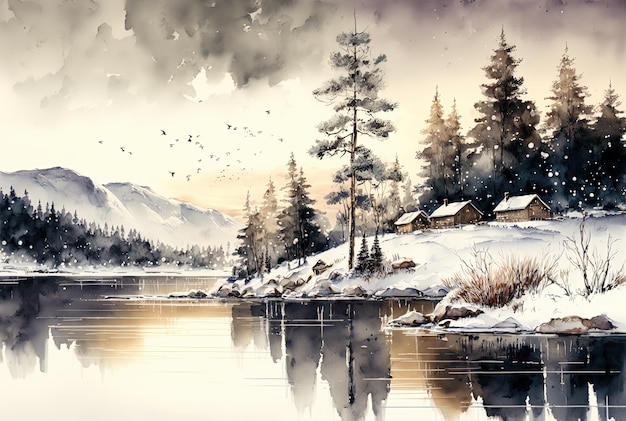 Watercolor winter landscape painting Trees lake and mountains