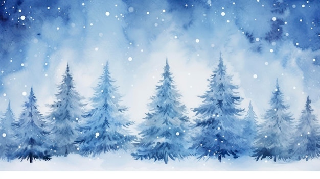 Watercolor winter landscape with fir trees and snowfall Christmas background Generative AI