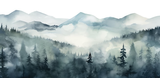 Watercolor winter pine trees forest illustration with falling snow Generative AI