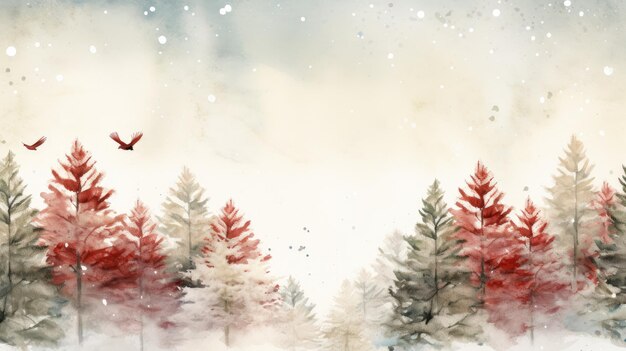 Watercolor winter pine trees forest illustration with falling snow Generative AI