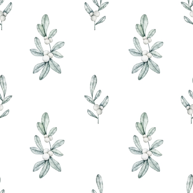 Watercolor winter plant seamless pattern Snowberry print on white background Hand drawn illustration