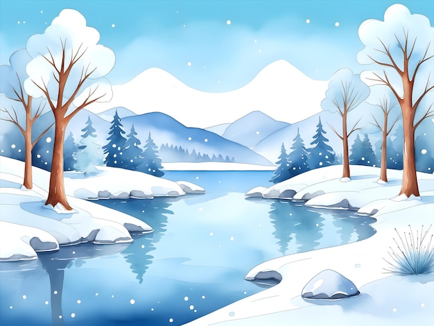 watercolor winter scene with trees and snow lake in light blue background